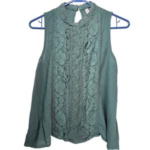 Exhilaration Women's Sleeveless‎ Lace Front Top XS Green High Neck Keyhole Back